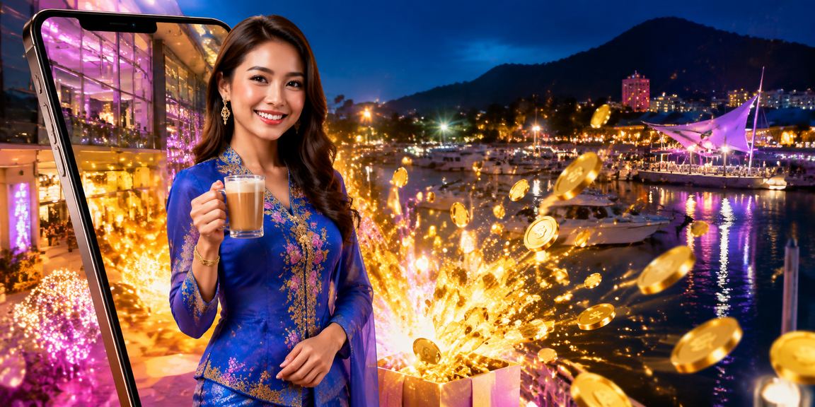 Pengguna wanita berbaju kurung bermain loteri dalam talian menggunakan telefon pintar di Langkawi
